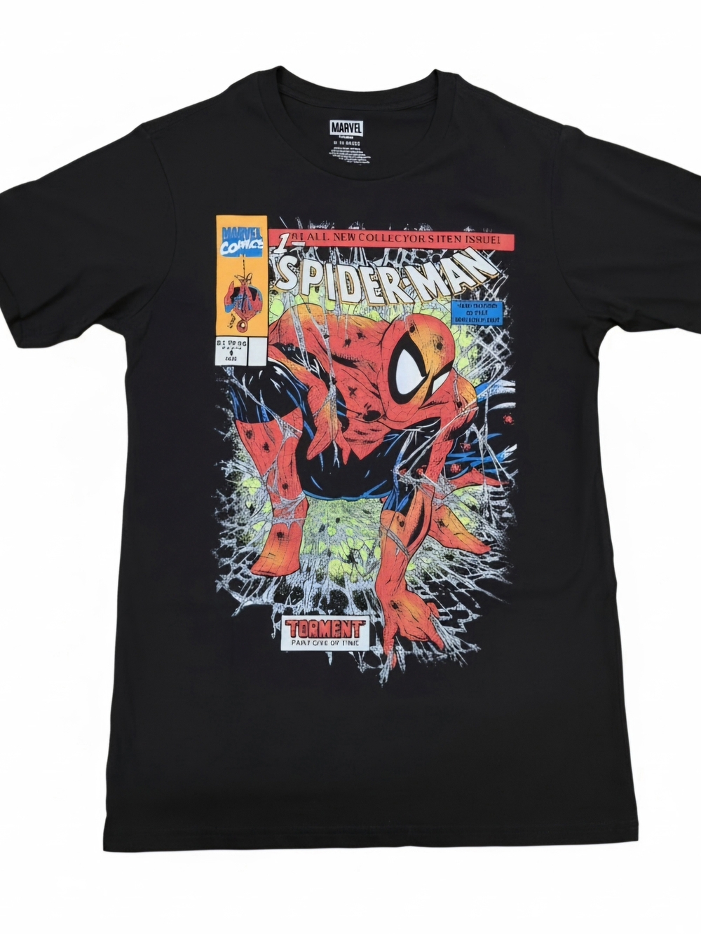Marvel Spider-Man Comic Panel Black Tee with Red & Blue Print